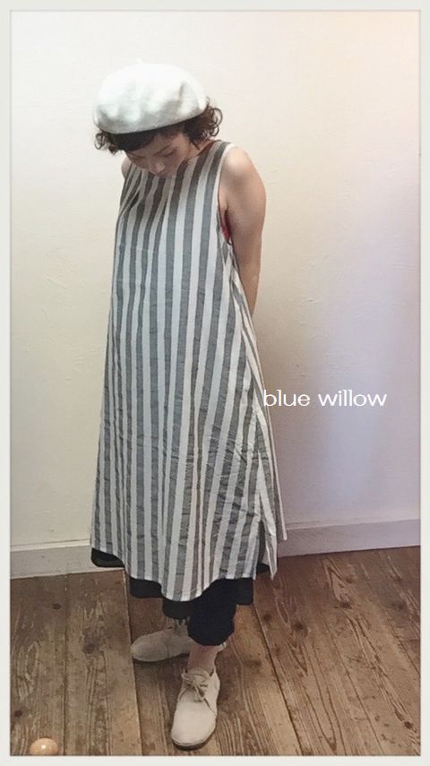 blue willow コットンリネンワンピース ヘリンボーン柄 レディース